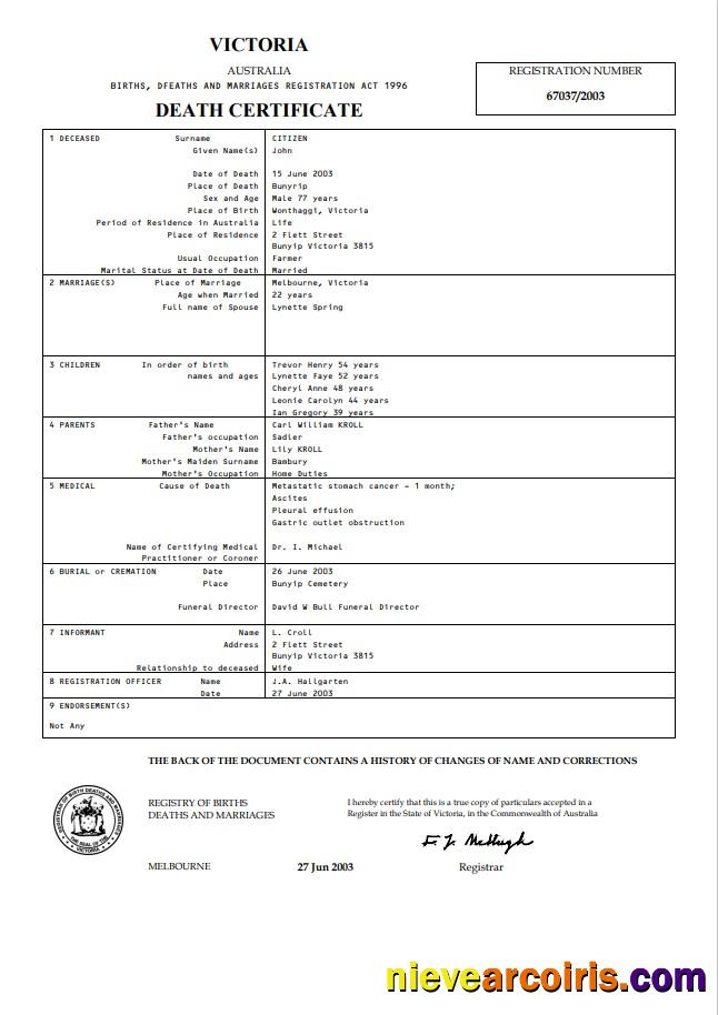 Australia Victoria death certificate